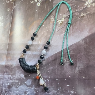 天然和田玉塔青仿古纹雕刻玉衡翡翠乌鸡珠链手工编织设计款项链