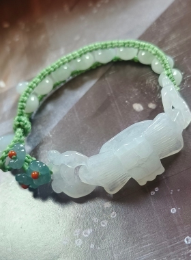 天然A货翡翠白冰环环相扣蝴蝶花手牌手工设计编织手链新中式国风