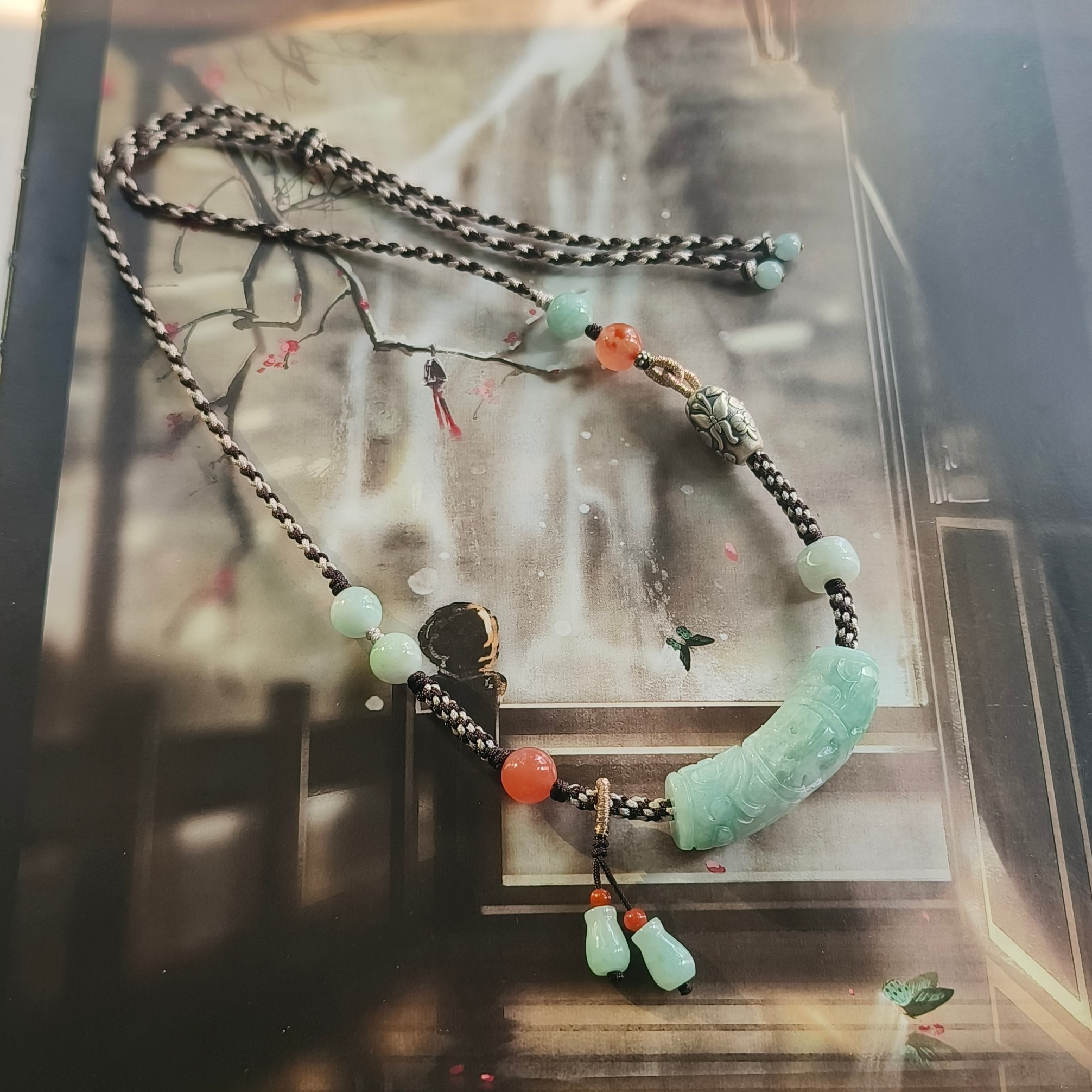 天然A货翡翠缅料冰糯福字仿古雕刻弯管项链手工编织新中式女礼物