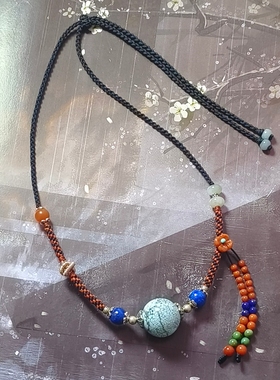 天然原矿湖北绿松高瓷网花单珠手工设计编织项链新中式国风饰品