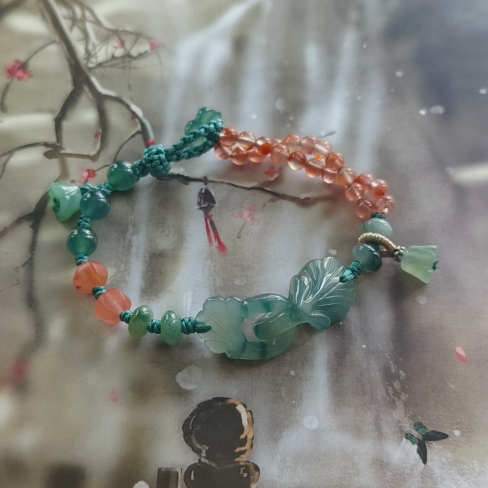天然A货翡翠缅料环环相扣银杏叶手牌南红米珠编织手链女中式简约图片
