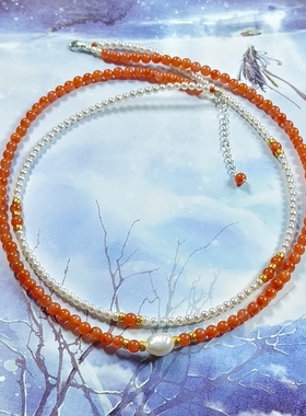 天然南红玛瑙小米珠强光淡水珍珠项链双层锁骨链女款饰品礼物