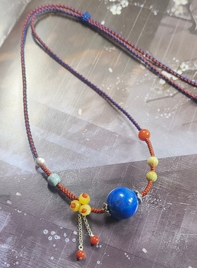 天然原矿青金石项链女秋冬民族风红色吊坠本命年送妈妈生日高端