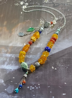 手工设计原创天然蜜蜡随型青金石南红绿松925银多宝锁骨链中式