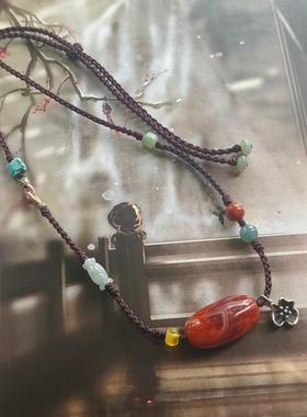 天然原矿南红玛瑙扁桶珠手工设计编织项链925银花吊坠新中式女