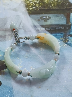 天然A货翡翠荷花手牌仿古雕刻洒金手牌拼接手链可调节