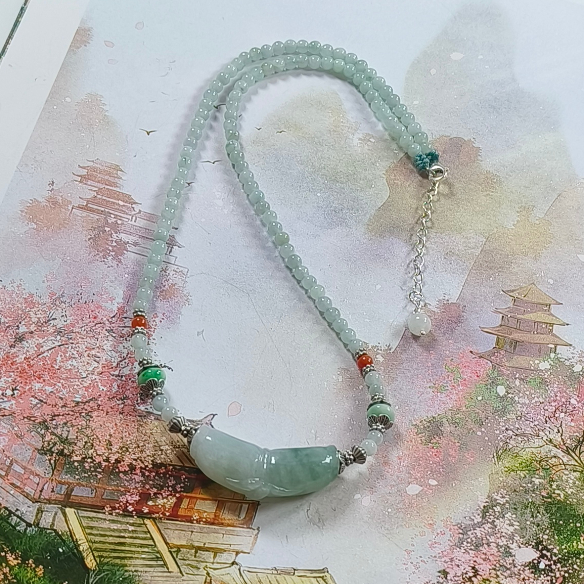 天然A货缅料翡翠珠链雕刻竹节弯管925银饰搭配手工锁骨链
