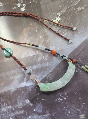 天然A货缅料翡翠冰飘花鸳鸯荷花雕刻手工设计编织项链新中式礼物