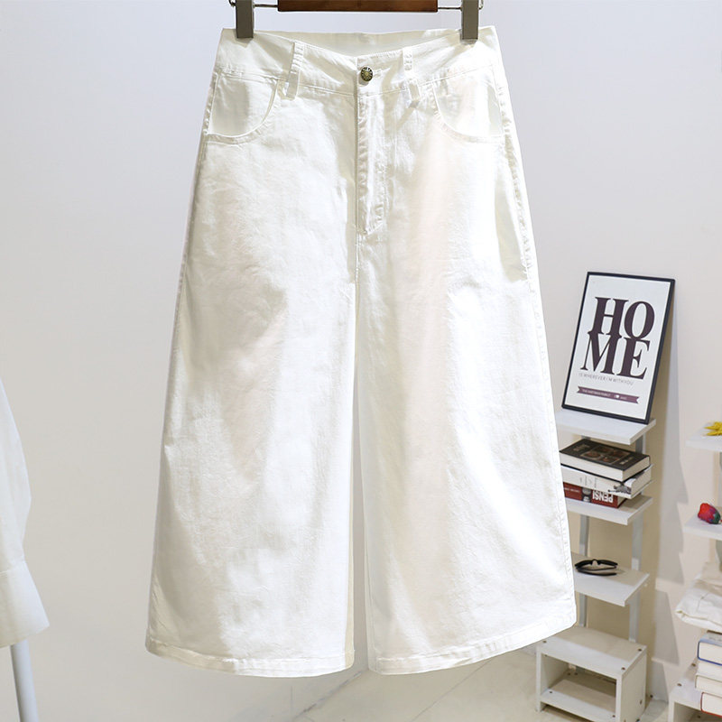 大码白色高腰弹力牛仔阔腿七分裤女春夏新款宽松百搭大裤脚休闲裤