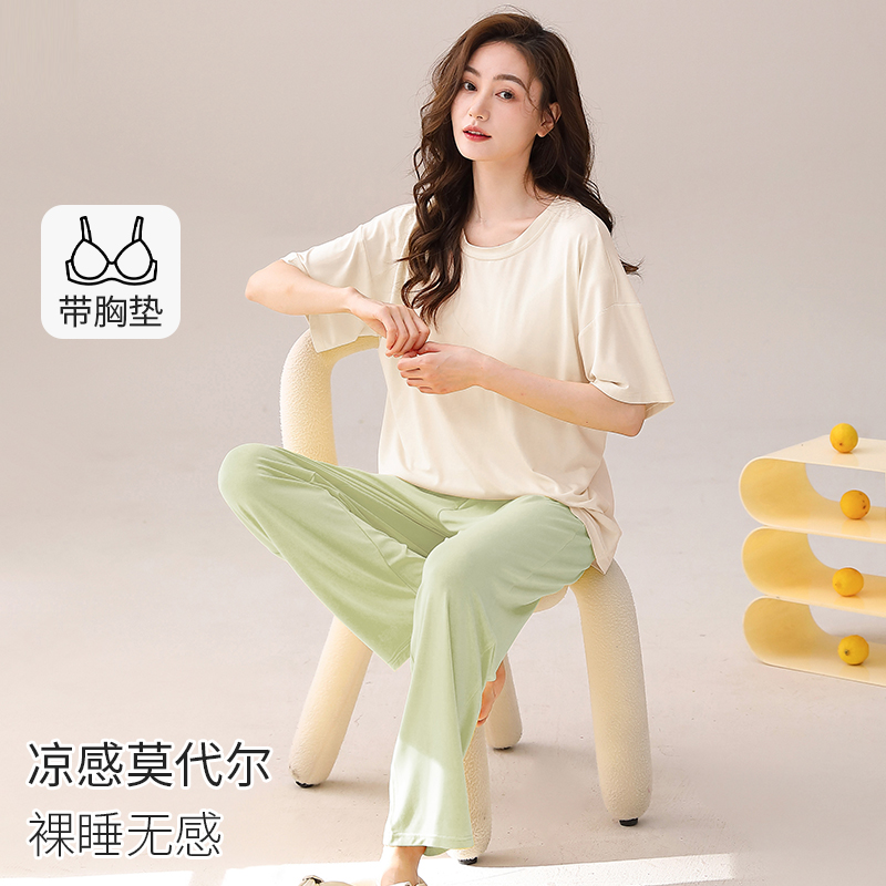 莫代尔带胸垫短袖睡衣两件套