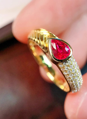 鸽血红S925银水滴镶钻戒指