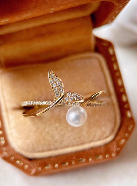 S925纯银小众蝴蝶珍珠锆石戒指