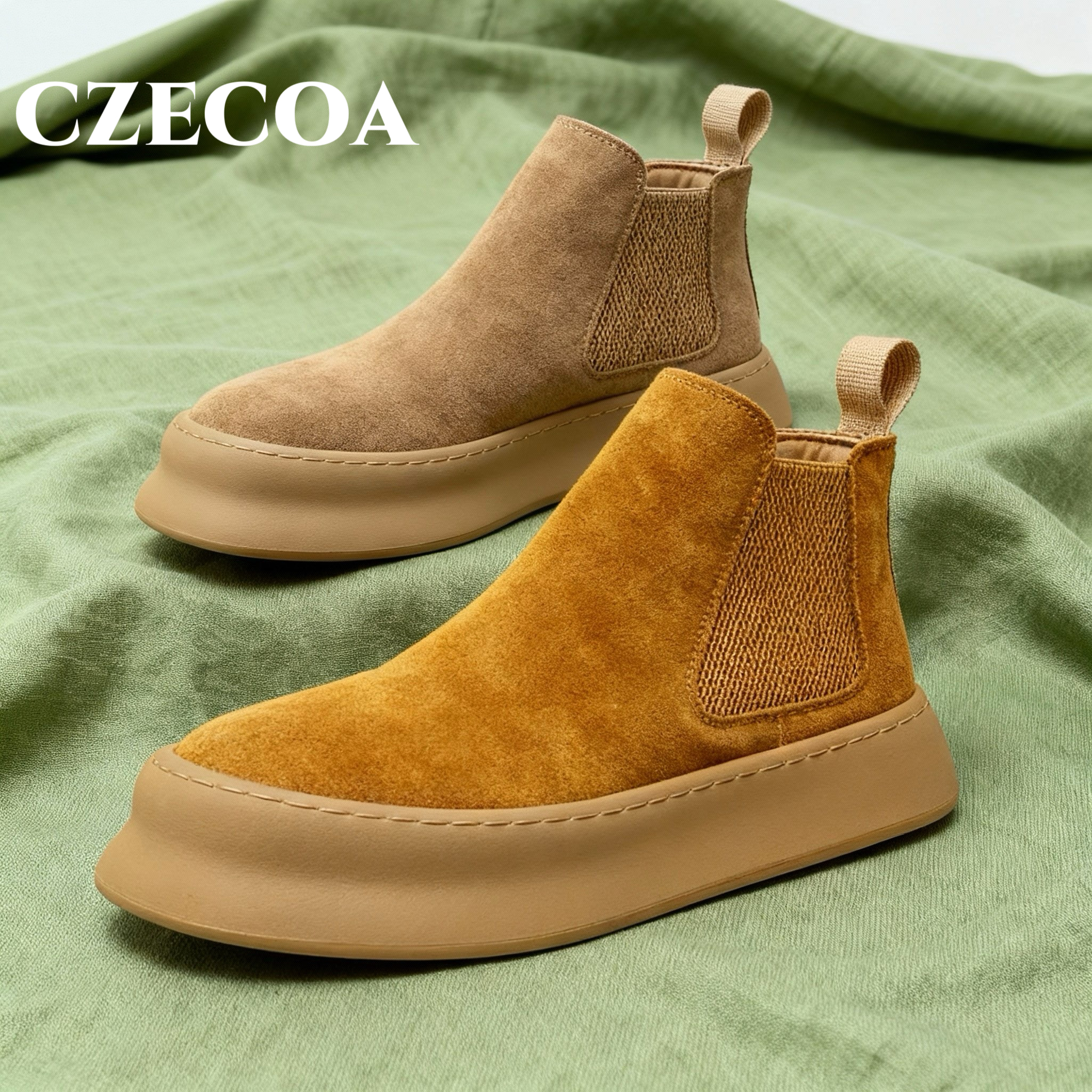 CZECOA切尔西皮靴冬季真皮厚底中帮黄靴男英伦风简约一脚蹬马丁靴