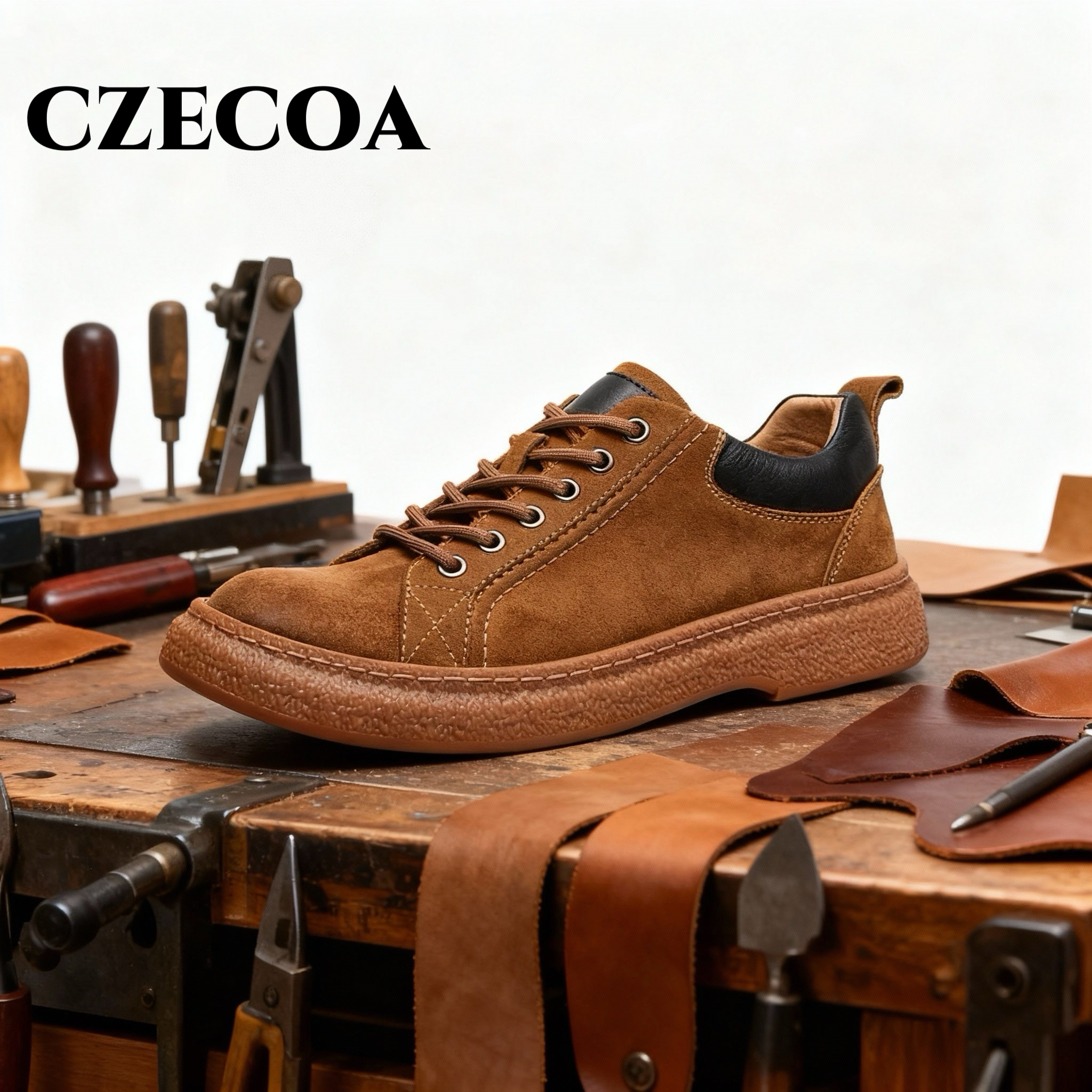 CZECOA男鞋秋冬低帮英伦风潮流真皮磨砂工装鞋牛筋底百搭休闲板鞋