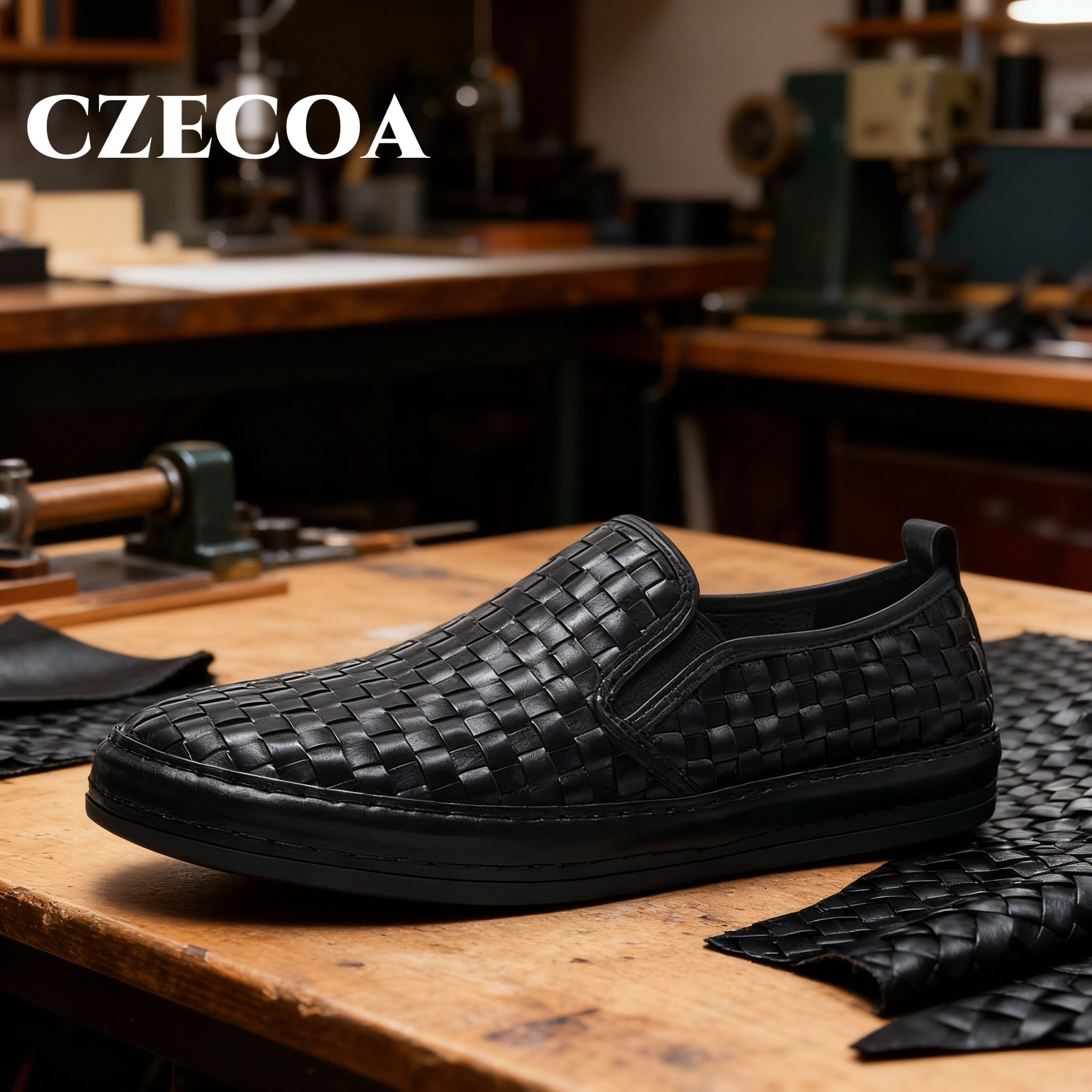 CZECOA手工编织乐福鞋男头层牛皮休闲鞋潮流百搭真皮一脚蹬豆豆鞋