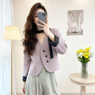 【mw1363】2025秋冬V领飘带花朵双面羊绒大衣短款呢子外套潮