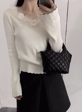 【ms3078】法式白色立体钩花V领针织打底衫女秋冬设计感内搭