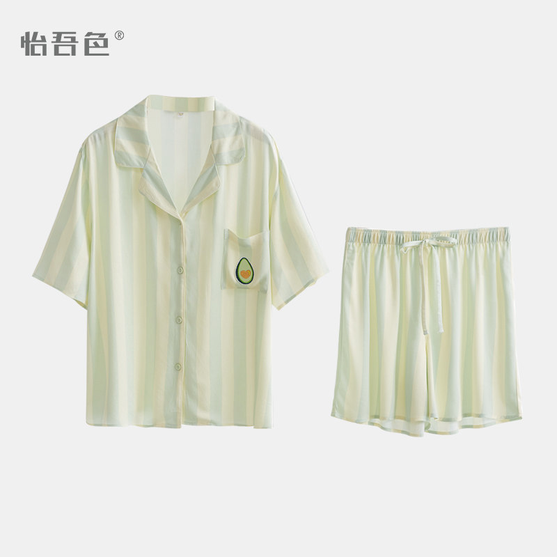 怡吾色 女款睡衣冰激凌水果刺绣人棉贡缎透气吸汗短袖短裤睡衣