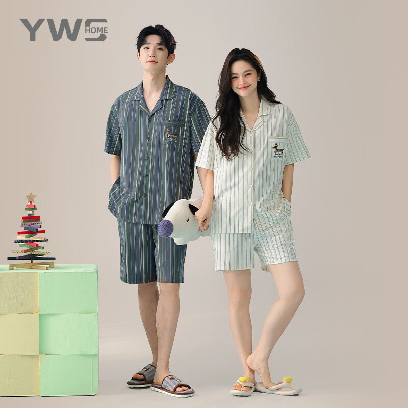 YWS HOME睡衣情侣抗菌棉萌趣系列透气吸汗V领短袖短裤家居服套装