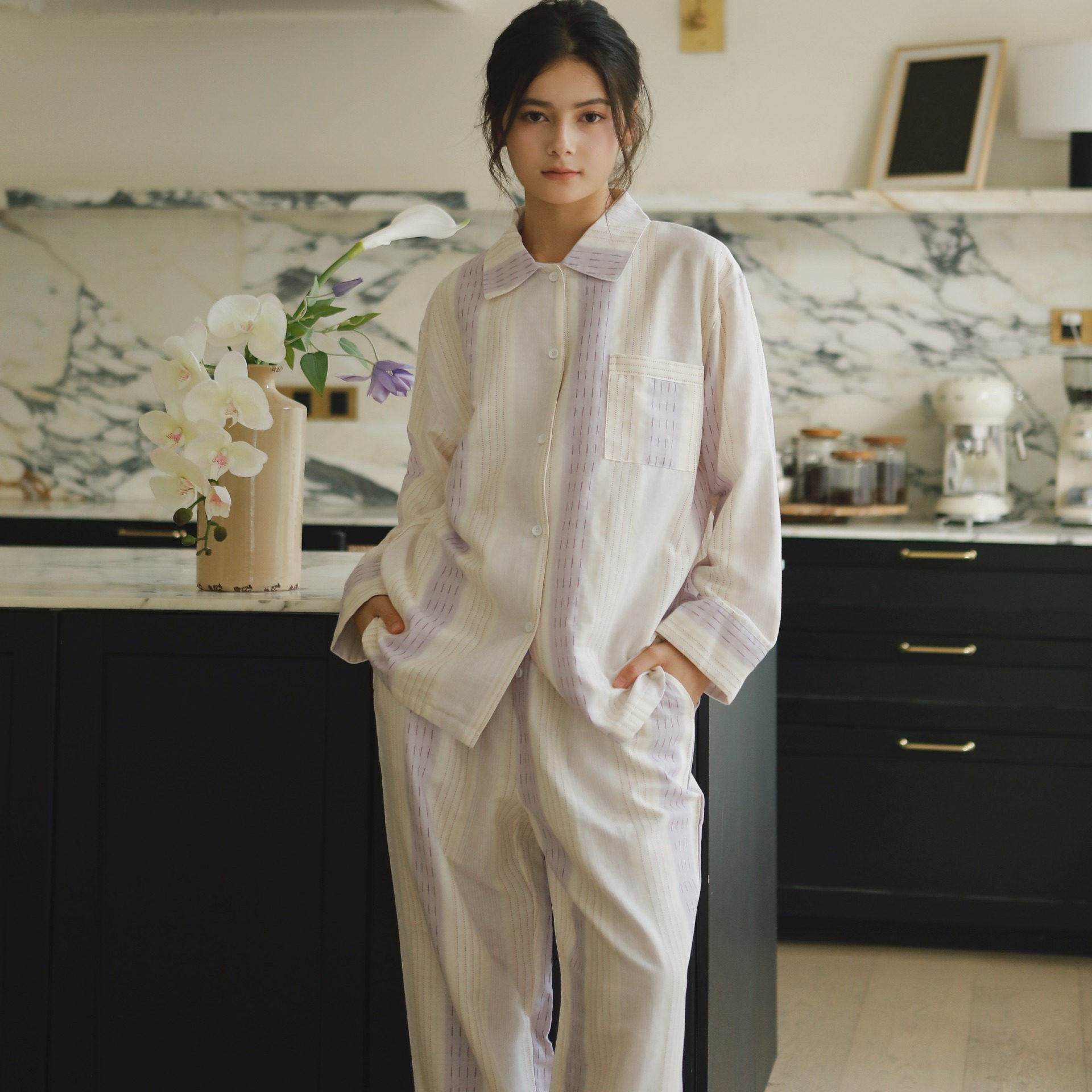 怡吾色全棉双层纱布竖条纹清新睡衣女士衬衫领开衫可外穿家居服