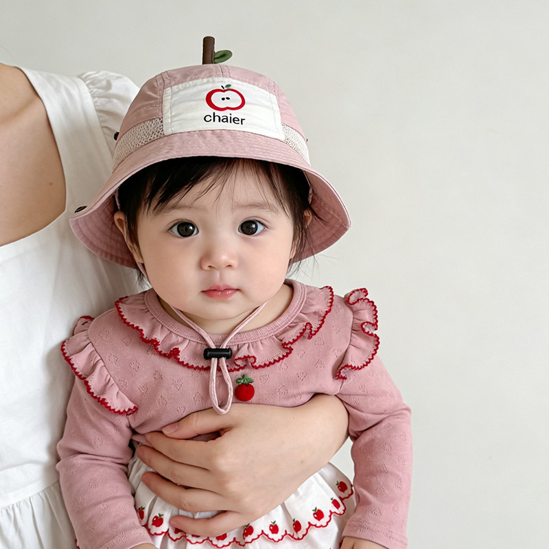 婴儿可爱苹果网眼渔夫帽速干防晒帽宝宝遮阳帽子户外出游12月春夏