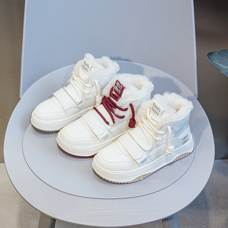 真皮高帮鞋女加绒羊毛厚底小白鞋