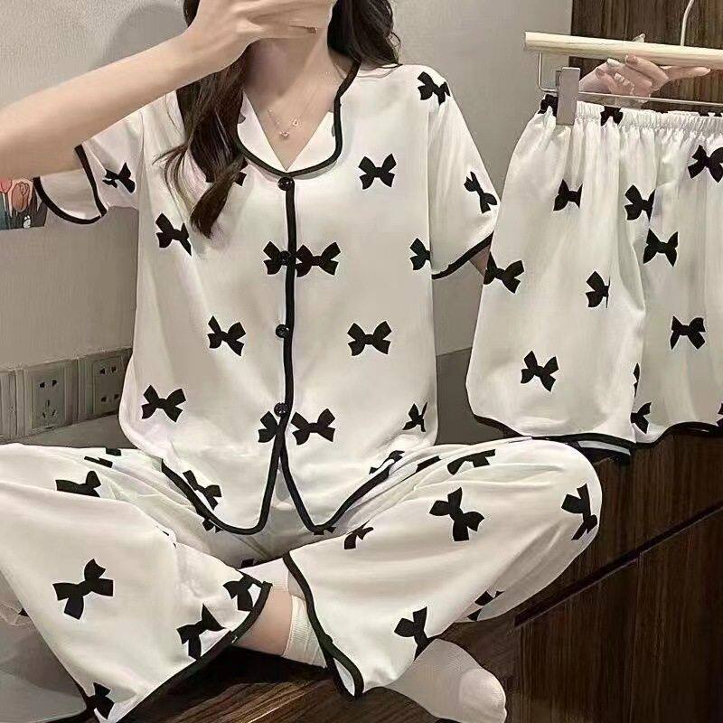 2024新款睡衣女夏天高颜值网红三件套开衫短袖短裤长裤甜美家居服