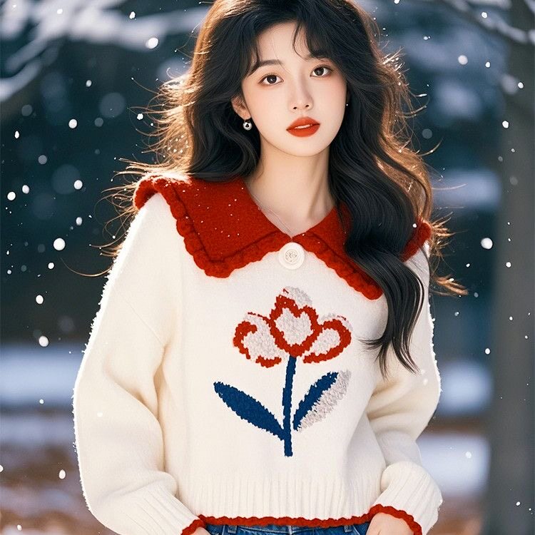 甜美娃娃领春秋毛衣针织2025新款套头宽松百搭显瘦上衣慵懒针织衫