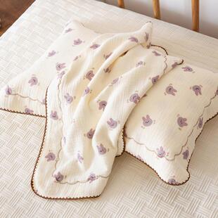 A类紫色小兔儿童枕巾2024新款 全棉枕巾六层纯棉纱布新生婴儿枕巾