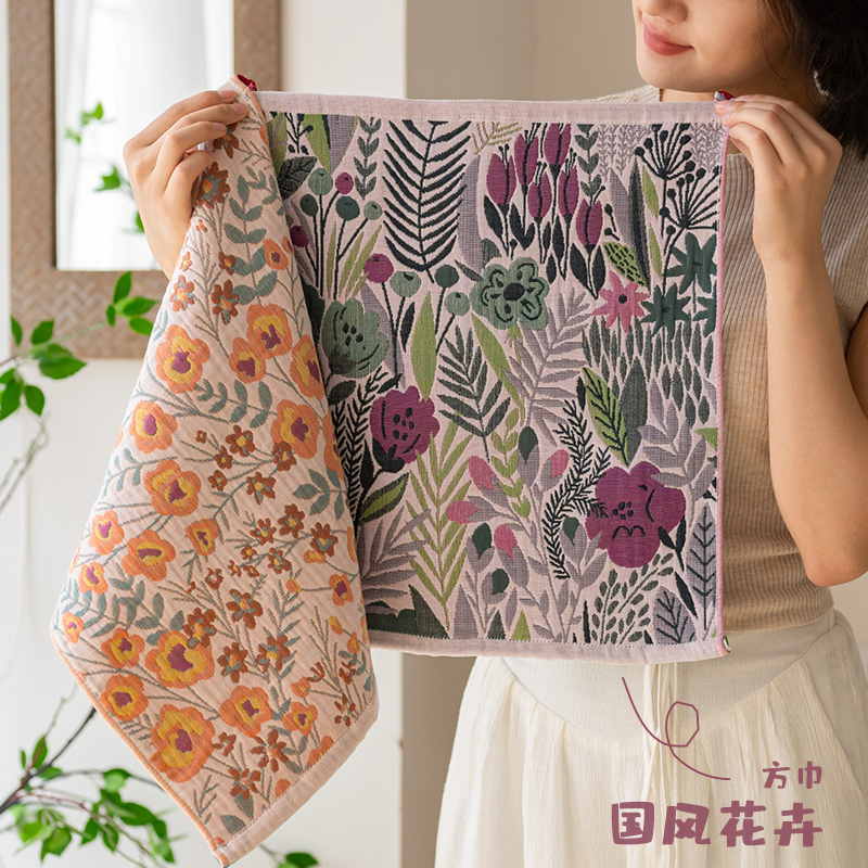 国风花卉纯棉四层纱布方巾复古