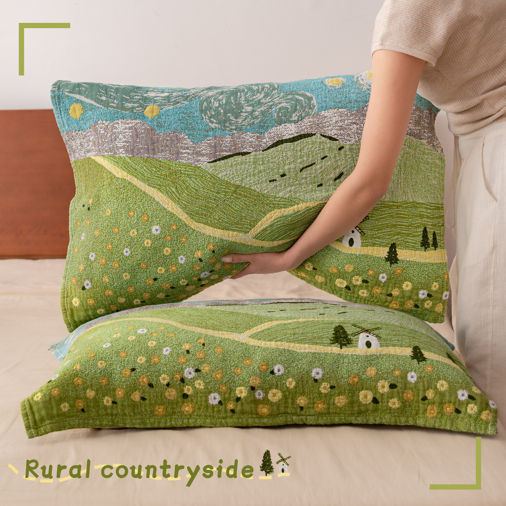 乡野田园枕巾纯棉a类四层纱布