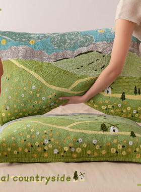 乡野田园枕巾纯棉a类四层纱布四季通用全棉柔软枕头巾一对防头油