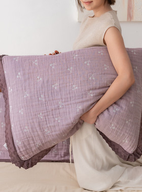 紫色樱桃花边全棉a类枕巾高品质纯棉四层棉纱四季通用枕头巾一对