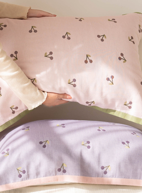 樱桃纱布枕巾一对装女棉吸汗透气枕头巾防头油家用柔软