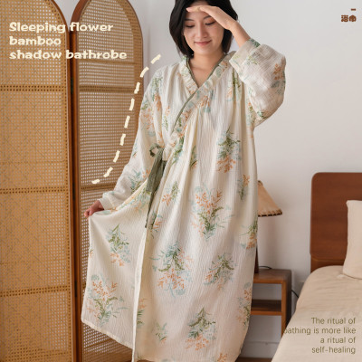 眠花竹影纯棉纱布浴袍女