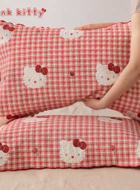 Kitty格纹收边全棉a类纱布枕巾新款纯棉新年过年可爱枕头巾一对