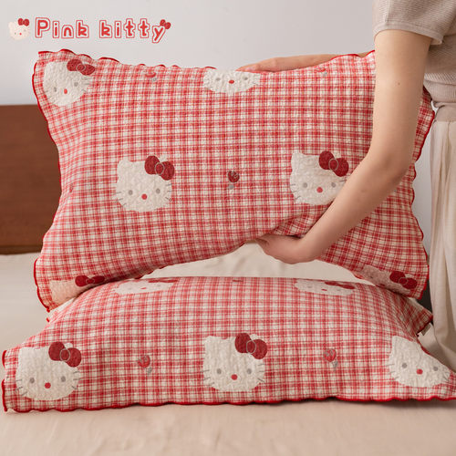 Kitty猫|纯棉格纹卡通枕巾