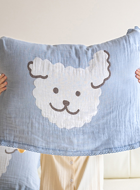 蓝色卷毛狗枕巾纯棉一对2024新款可爱泡芙加厚枕头垫巾防头油全棉