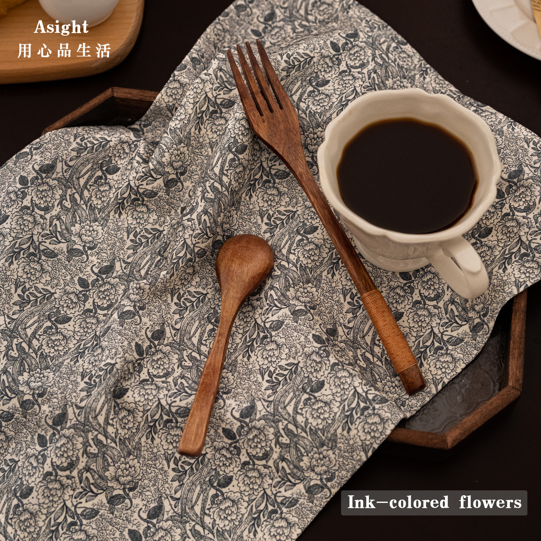 墨色繁花纯棉吸水餐垫隔热垫