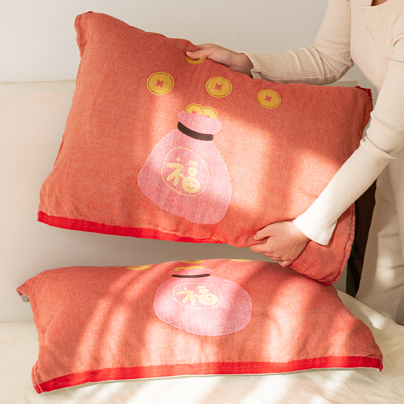 锦福满袋枕巾100全棉一对装新年喜庆情侣红色枕巾四季通用防头油