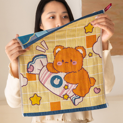 方格小熊纱布小方巾柔软纯棉