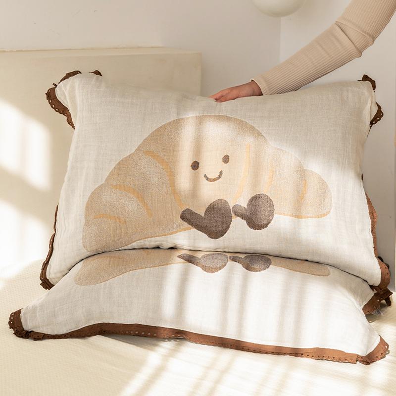 牛角包花边枕巾一对装a类纯棉2024新款纯全棉纱布枕巾成人家用