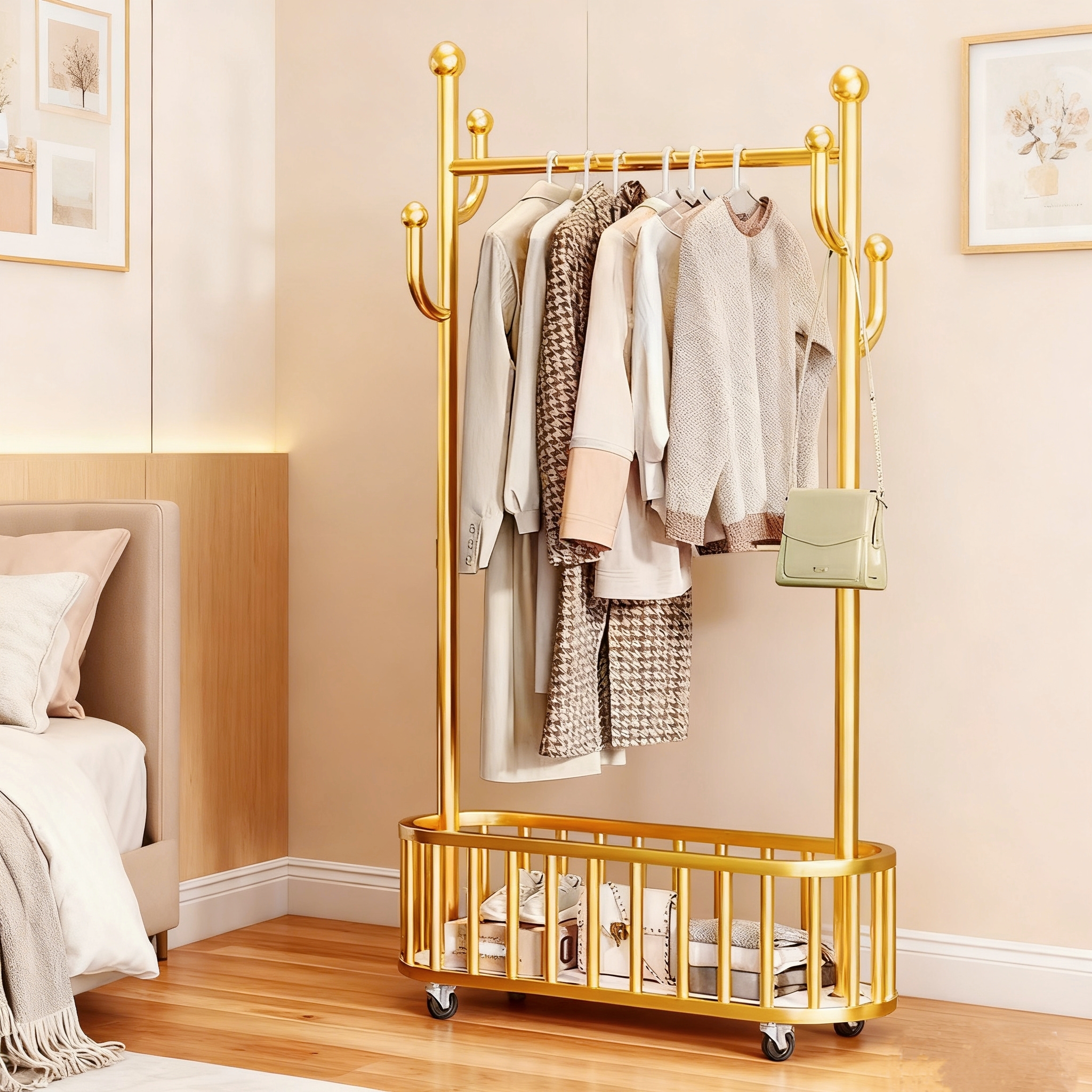落地卧室挂衣架可移动带轮家用客厅轻奢晾衣架简易衣帽架置物架