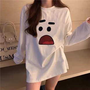 白色长袖 上衣 t恤女春秋宽松显瘦卫衣内搭慵懒bf风叠穿打底衫