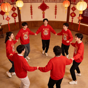 马年红色卫衣男女通用圆领套头印花长袖本命年保暖上衣