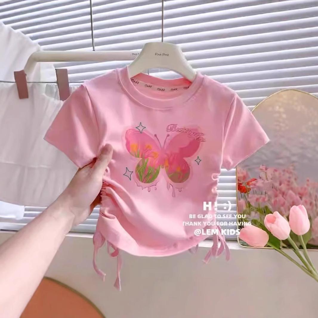 女童冰丝短袖2025夏季新款女小童宝薄款卡通可爱蝴蝶抽绳短袖T恤