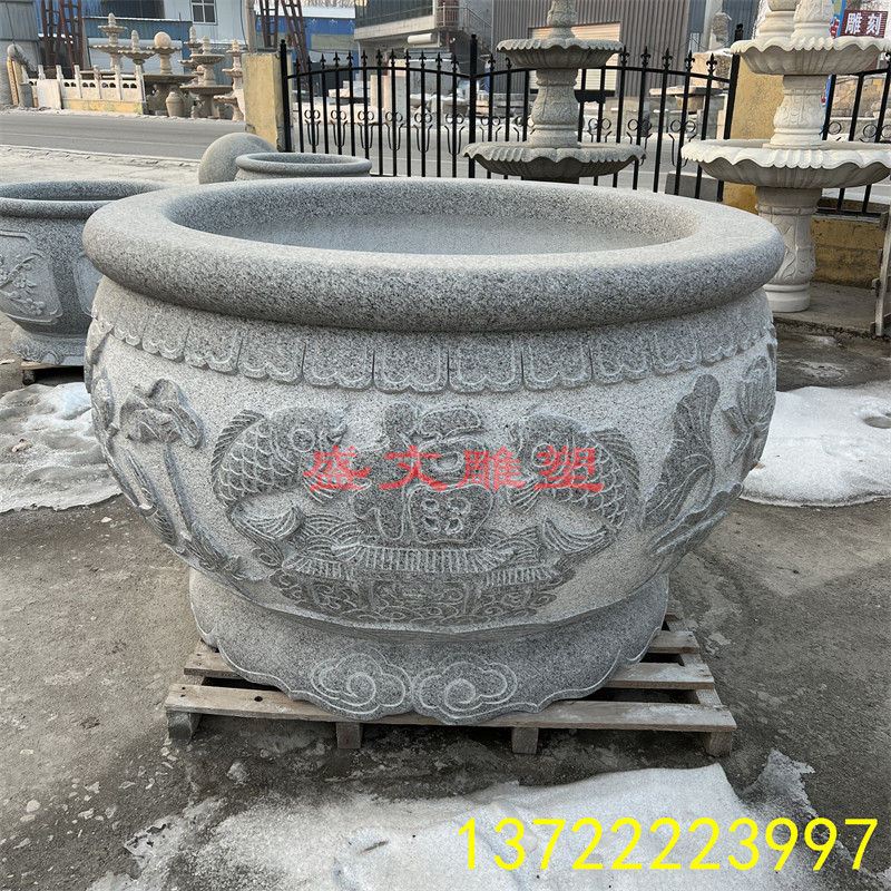 石雕花岗岩鱼缸花盆户外圆形石头荷花门海石缸养鱼别墅庭院摆件