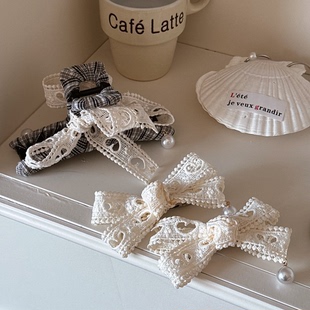 爱心蝴蝶结珍珠吊坠发夹清新奶蓝色蕾丝刘海夹甜美百搭侧边夹抓夹