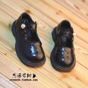 女童黑色小皮鞋2025春夏天儿童单鞋玛丽珍公主鞋子镂空蕾丝乐福鞋
