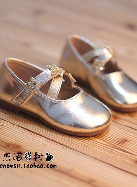 女童金色公主鞋2024春秋款皮鞋